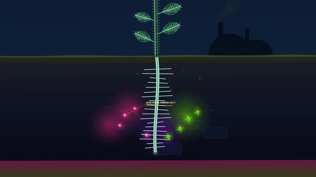 Detailed 4K animation of phytoremediation process showing hyperaccumulator sunflower Helianthus annuus absorbing lead and arsenic heavy metals from contaminated soil via its root system