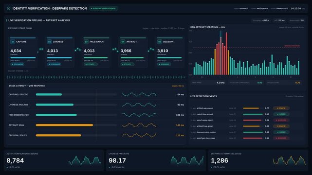 Advanced biometric identity verification dashboard with real-time deepfake detection analytics, for cybersecurity, facial recognition, fraud prevention, digital system monitoring
