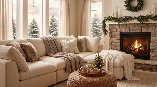 Cozy home interior with fireplace and Christmas decor