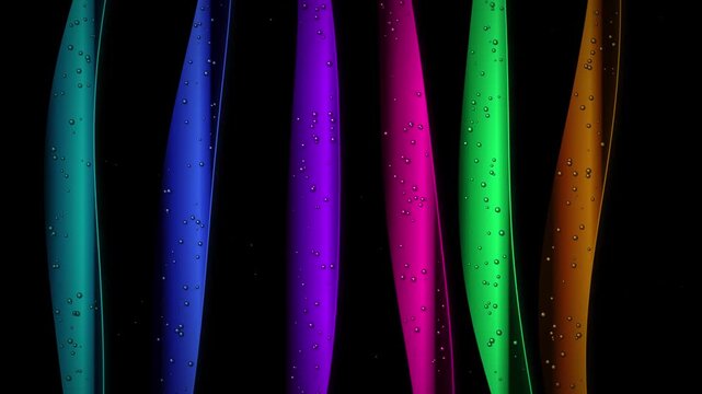 Vibrant Neon Vertical Light Strips With Floating Water Droplets Against A Deep Dark Black Background