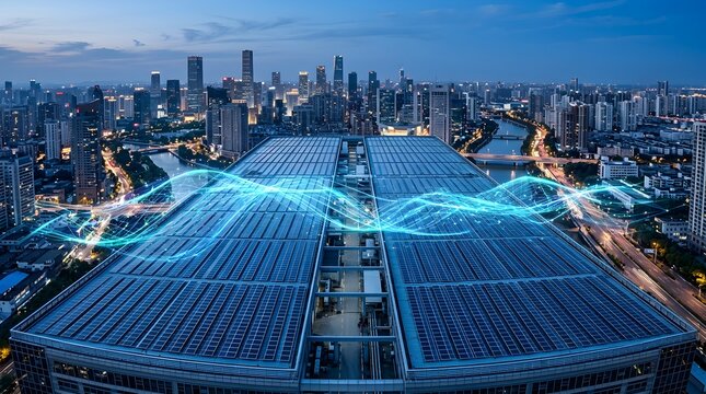 Aerial view of a modern city building rooftop covered in solar panels with digital energy data visualization