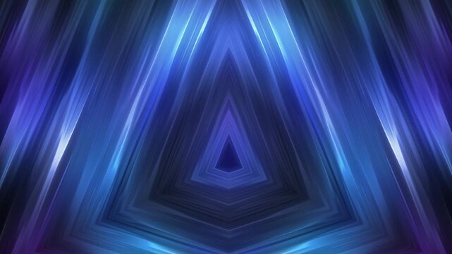 Seamless loop of abstract geometric neon glowing blue and purple lights forming a futuristic triangle tunnel or portal background.