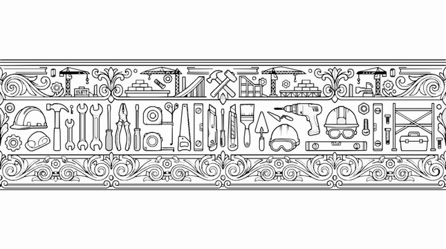 Seamless horizontal border featuring various construction tools and equipment in a decorative outline design style
