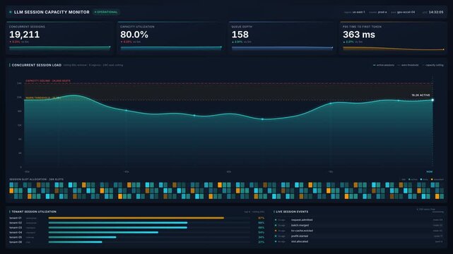 Advanced llm session capacity monitor dashboard with real-time metrics, graphs, utilization statistics, for enterprise artificial intelligence analytics system performance tracking