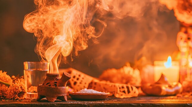 D&iacute;a de Muertos still life featuring a clay copal burner with swirling smoke, marigolds, and candlelight. A cinematic, atmospheric composition highlights Mexican tradition.