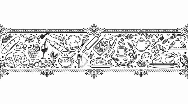 Seamless border pattern featuring various food and kitchen utensil hand drawn icons with cooking utensils illustrated