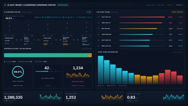 Ai anti-money laundering screening center interface dashboard, for financial security, compliance monitoring, fraud detection, digital risk management in modern systems