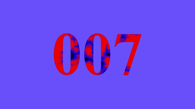 Animated number 007 with red and blue liquid ink texture on a solid purple background