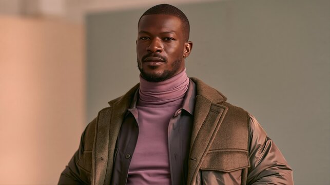 A stylish Black man in autumn layered menswear showcases a muted violet turtleneck and olive wool jacket. Minimalist studio background highlights understated luxury.