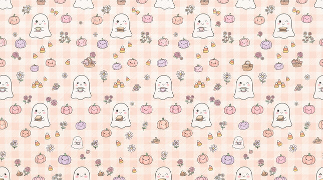 Cute autumn seamless pattern with ghosts and pumpkins