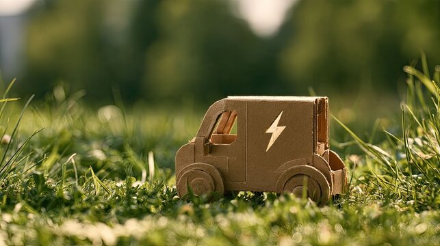 a cardboard truck placed in a grassy area, seemingly ready to embark on an adventure