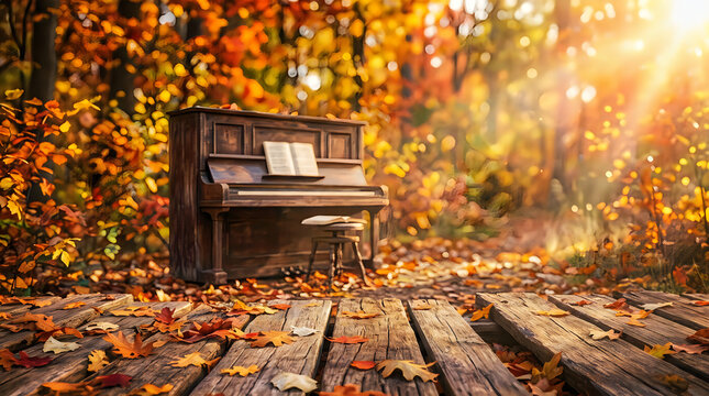 A beautiful old piano sits peacefully amidst the vibrant colors of autumn