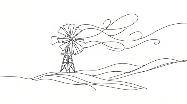 Continuous line art heritage windmill vector icon for eco friendly wind energy and sustainability concepts