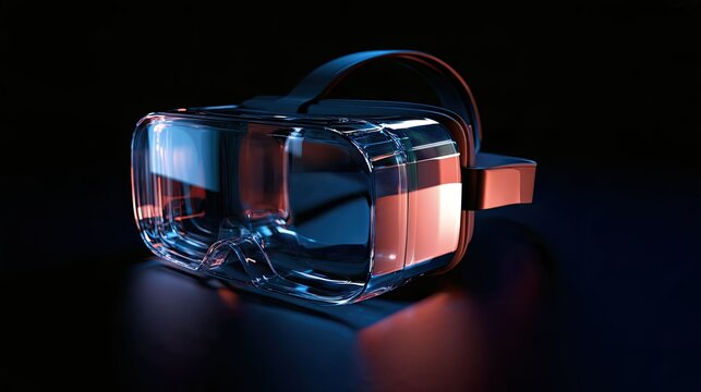 a virtual reality (vr) headset resting on a reflective surface with a dark background. the headset has a clear, illuminated design revealing its internal components