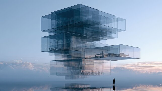 an avant garde glass skyscraper with multiple levels, situated against a clear sky