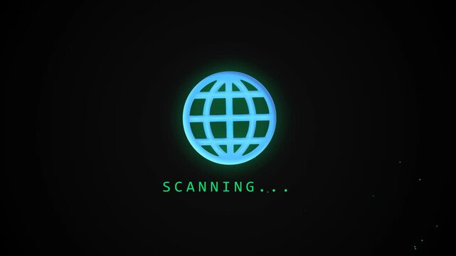 A glowing blue globe icon appears on a dark background with the text scanning below it.