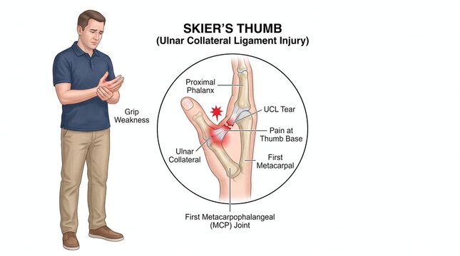 Skier&rsquo;s Thumb Ulnar Collateral Ligament Injury Diagram with Detailed Thumb Anatomy