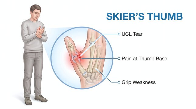 Skier&rsquo;s Thumb UCL Tear Medical Infographic with Thumb Instability and Grip Weakness