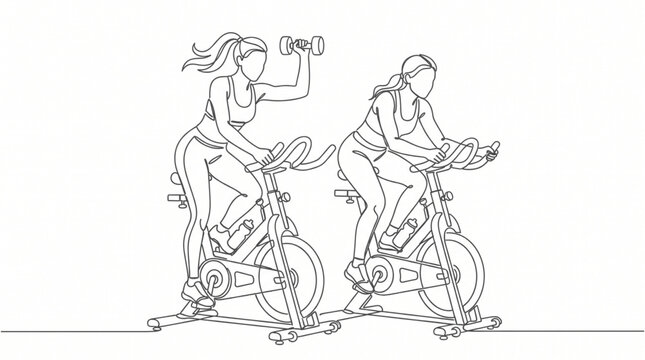  Indoor cycling class with women on stationary bikes one line art vector illustration for fitness spin studio concept