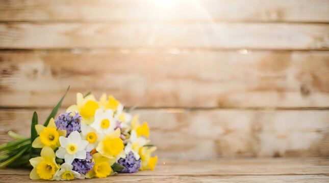 A beautiful bouquet of spring flowers resting against a wooden background