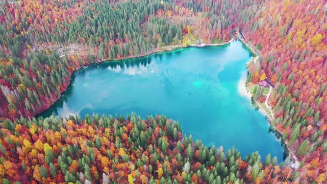 Beautiful Blue Lake In Forest In Autumn, Aerial View