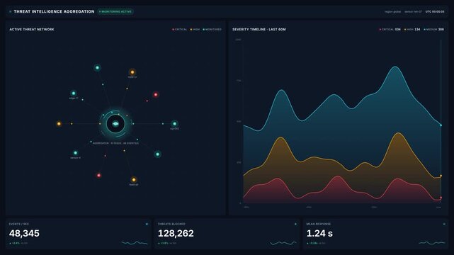 Cyber threat intelligence dashboard with real time network data analysis, for cybersecurity monitoring, digital defense systems, threat detection, advanced data visualization in