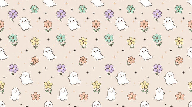 Cute seamless pattern with ghosts and pastel flowers on a beige background for halloween design