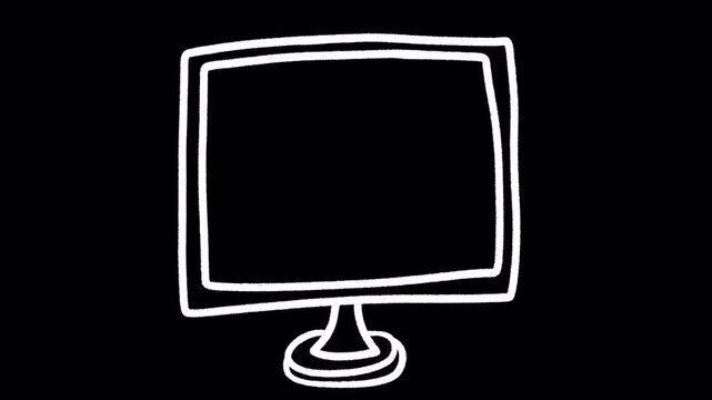 2D Hand Drawn White Outline Computer Monitor Animation Frame by Frame Overlay with Transparent Background Alpha Channel