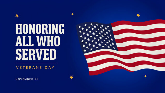 American flag waving with Veterans Day text on a blue background