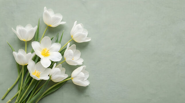 A delicate arrangement of white and pale pink flowers on a grey background