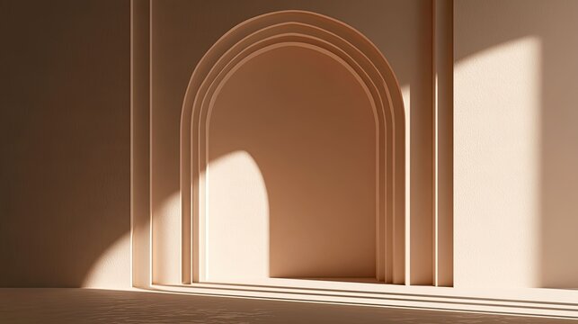 an interior view of a large room characterized by an archway, where sunlight filters through from an external source, casting dramatic light and shadows onto the walls and floor