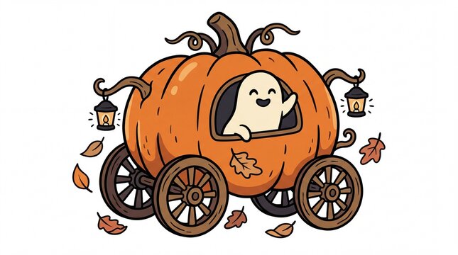 Pumpkin carriage with cute ghost waving from window and hanging lanterns. Autumn leaves falling. Cart icon vector illustration for Halloween holiday celebration projects, party invites, and children b