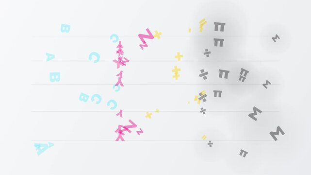 Abstract math symbols and alphabet letters floating on a white background