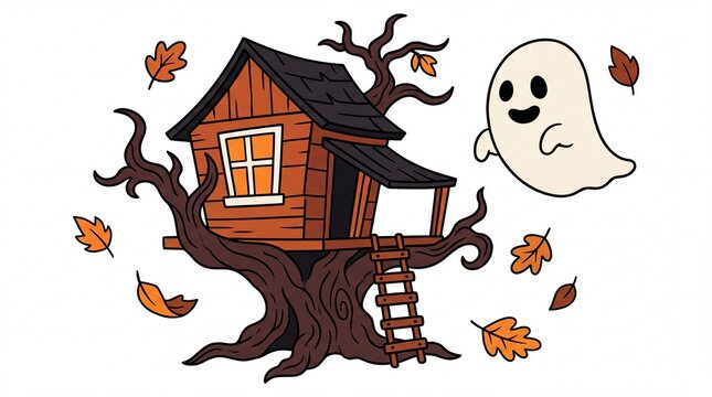 Halloween tree house vector illustration. Featuring wooden cabin glowing window spooky ghost and falling autumn leaves. Isolated sticker style graphic for seasonal festive holiday projects