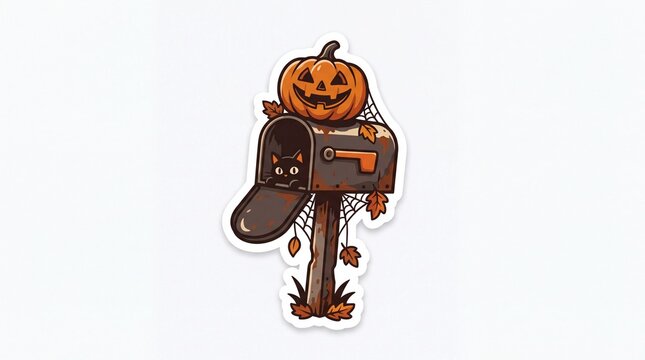 Halloween mailbox sticker. Featuring a spooky carved jack o lantern pumpkin and a black cat hiding inside. Autumn themed die cut sticker with white border for seasonal decoration projects