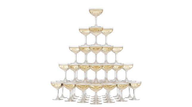 Elegant champagne tower of crystal coupe glasses, luxury sparkling wine pyramid for wedding celebration, golden bubbly alcohol drinks isolated PNG with Transparent Background