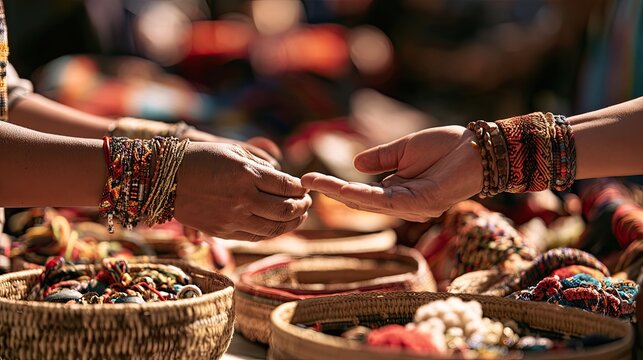 two individuals interacting at what appears to be an outdoor marketplace with handmade crafts