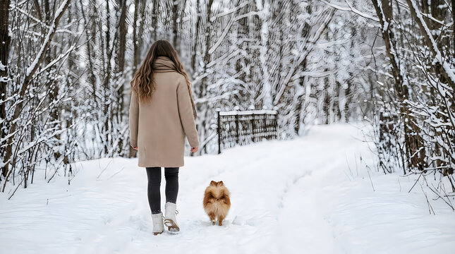 A peaceful winter walk with a companion through the snow covered forest