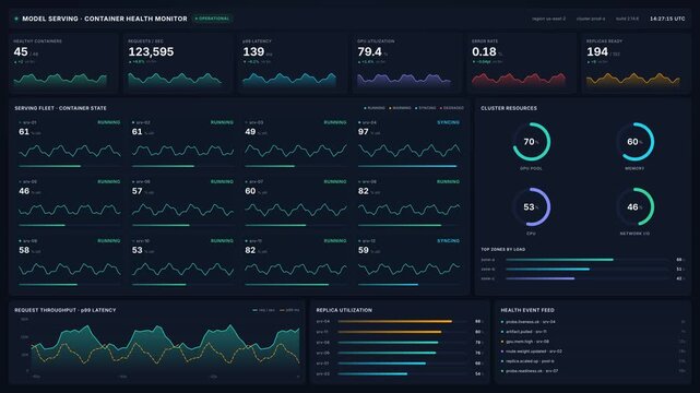 Dashboard monitoring system with container health status metrics cluster resources, for cloud computing, data analysis, software performance, network infrastructure management