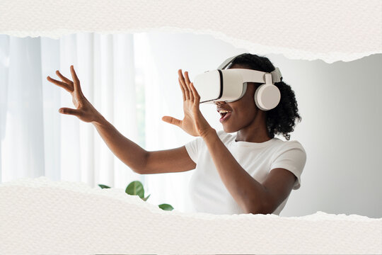 Woman enjoying virtual reality experience at home