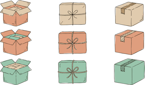 Hand Drawn Pastel Shipping Cardboard Box and Mail Parcel Icon Set with Taped Boxes and Twine Wrapped Packages for Ecommerce Logistics Designs