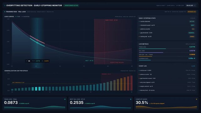 Dashboard with machine learning model training metrics with overfitting detection early stopping monitor, for data science analysis, neural network optimization, algorithm