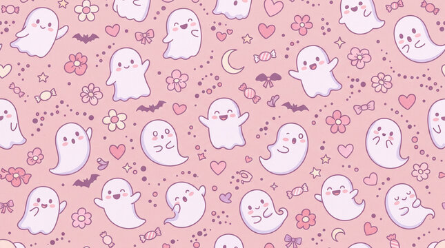 Cute seamless pattern with happy ghosts, flowers, hearts, and candy on a soft pink background for halloween