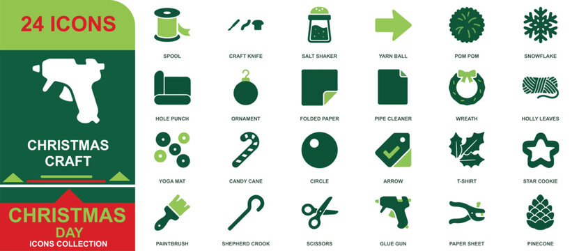 Christmas craft icon set featuring twenty four festive holiday symbols and creative tools