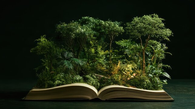 an open book with pages that are part of a miniature garden landscape, featuring plants and trees, creating an illusion of the book itself being a portal to nature