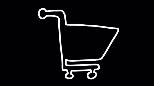 2D Hand Drawn White Outline Shopping Cart Animation Frame by Frame Overlay with Transparent Background Alpha Channel