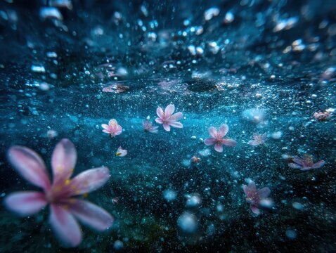 Underwater view of pink flowers gently floating with air bubbles in a deep blue ocean