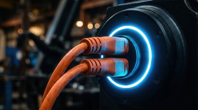 Close up of two orange cables plugged into a glowing blue charging port, futuristic technology concept.