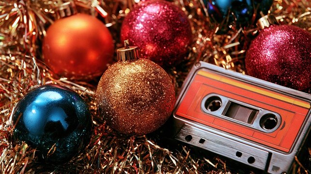 Retro Christmas Ornaments and Cassette Tapes on Tinsel Background