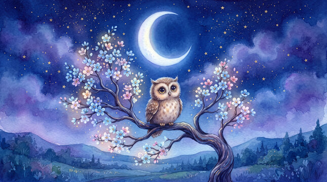 A cute owl perched on a flowering tree branch under a crescent moon in a starry night sky, whimsical watercolor illustration